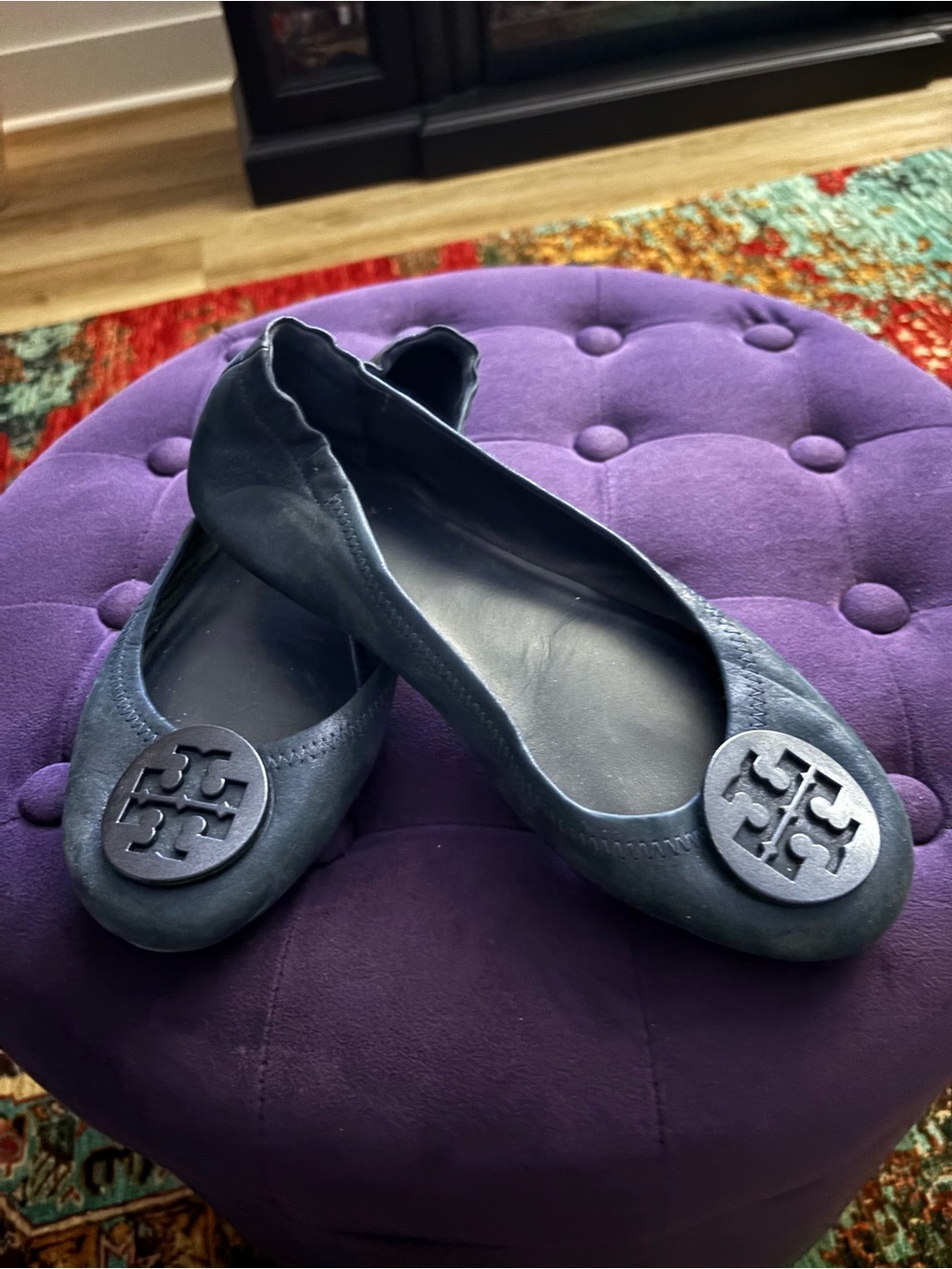 Tory Burch Navy Metallic Suede Logo Round-Toe Ballet Flats
